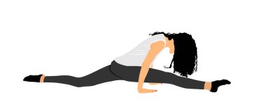 Pretty young woman lying on the floor and doing twine, vector silhouette illustration isolated on white background. Athlete girl in gym exercise. Worming up before gymnastics training. Flexible lady.