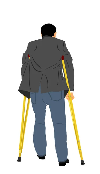 白い背景に松葉杖のベクトルイラストを持つ男 杖で歩くことができない 車の事故の後の健康管理活動 強い意志は病院で人を看護する — ストックベクタ
