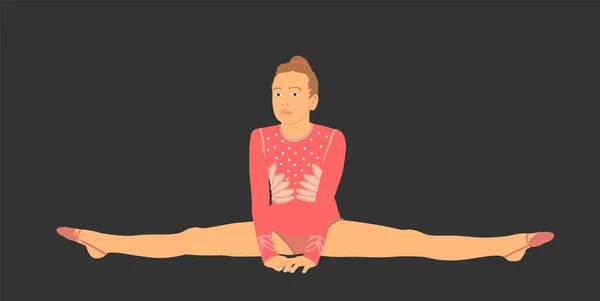 地板上的节奏体操女做着线形矢量轮廓图 在黑色背景上孤立 做体操的女运动员 芭蕾舞演员训练前热身 灵活的女士 — 图库矢量图片