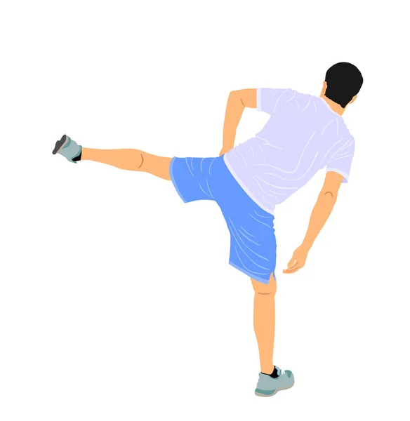 Voetballer Stretching Vector Illustratie Geïsoleerd Witte Achtergrond Sportman Warmt Voor — Stockvector