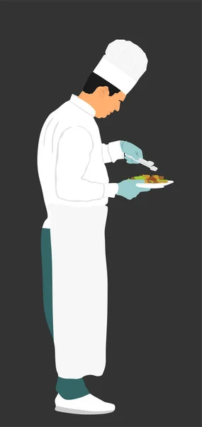 Chef Dans Cuisine Avec Repas Spécial Dans Illustration Vectorielle Plaque — Image vectorielle