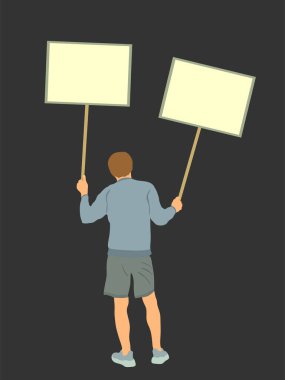 Demonstrator man protester hold banner in hands vector illustration isolated. Hand holding protest placard sign on demonstration, revolution meeting. Loud boy angry laborer with poster on street event