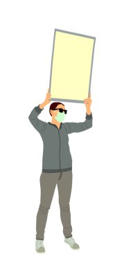 Demonstrator woman protester hold banner in hands vector illustration isolated. Hand holding protest placard sign on demonstration, revolution meeting. Loud girl laborer with poster on street event.