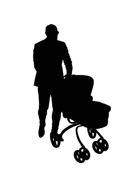 白い背景に孤立したプラムベクトルシルエットのイラストで赤ちゃんと歩くお父さん 幸せな家族の価値観 赤ちゃんを連れた親 父の日だ 男は屋外で子供の世話を楽しむ — ストックベクタ