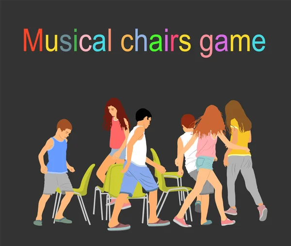 Children Playing Musical Chairs Game Vector Illustration Isolated Black Background — Stock Vector