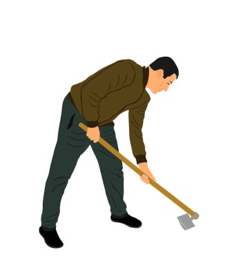Gardener working soil with hoe in garden vector  illustration. Villager man digging earth. Farmer put the seed of plant in the ground. Digger worker mining with hand tool. Manual farming outdoor.