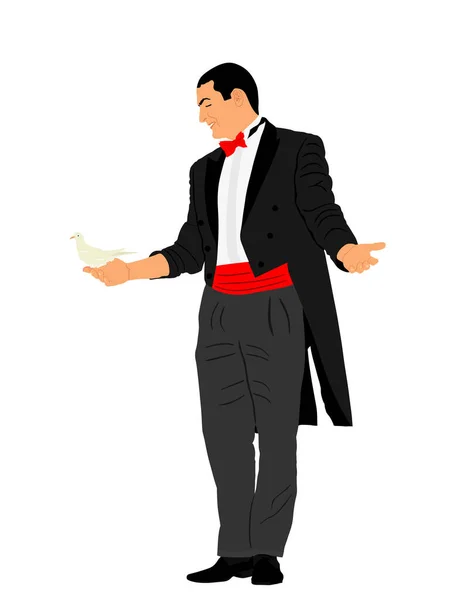 Magician Man Performing Trick Pigeon Dove Vector Illustration Isolated Magic — Stockový vektor