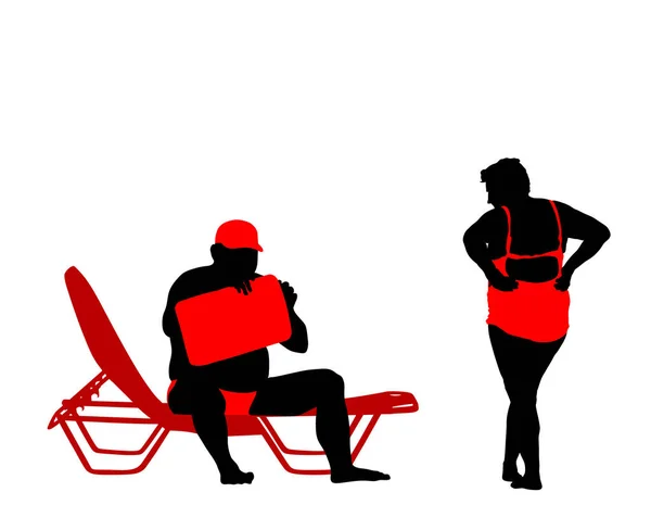Plage Couple Senior Profiter Illustration Silhouette Vectorielle Femme Mûre Bronzer — Image vectorielle