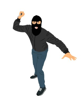 Hayalet maskeli bir hırsız, elinde bıçakla beyaz arka planda izole edilmiş kurban vektör çizimine saldırıyor. Halkın içinde silahlı bir terörist. Silahlı ev hırsızı, erkek, hayat öpücüğü veriyor..