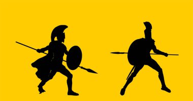 Mızrak ve kalkan vektör siluetiyle savaşan Yunan kahramanı Antik asker arka planda izole edilmiş. Romalı lejyoner, savaşta cesur savaşçı. Gladyatör sembolü Gölge Adam şekli.