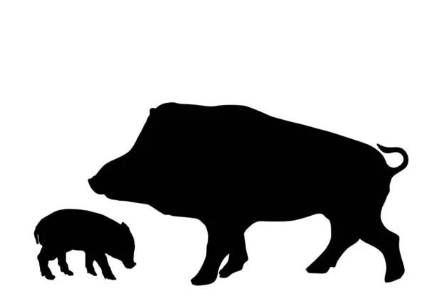 白い背景に隔離された赤ん坊豚ベクトルシルエットイラストと男性のWarthog 豚肉だ イノシシの形をした動物の家族のシンボル 影豚繁殖 有機食品 小さな子豚 — ストックベクタ