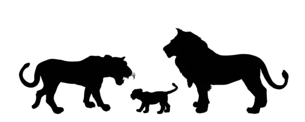 Ilustração Silhueta Vetorial Família Leão Isolada Branco Leoa Com Filhote —  Vetores de Stock