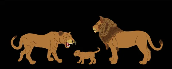 ブラックを基調としたライオンファミリーベクトルイラスト 雌の子牛と雄ライオンとの雌ライオン 動物の王 アフリカの誇り ゾディアックシンボル 野生動物の捕食者 アフリカの五大 — ストックベクタ