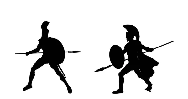 槍と盾の戦闘ベクトルシルエットのイラストとの戦いでギリシャの英雄古代の兵士は白の背景に隔離されました ローマの軍団 戦争中の勇敢な戦士 グラディエーターシンボル影男の形 — ストックベクタ