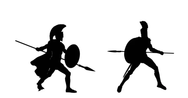 Herói Grego Soldado Antigo Batalha Com Lança Escudo Silhueta Combate —  Vetores de Stock