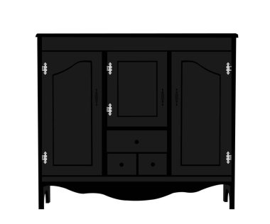 Beyaz zemin üzerinde izole edilmiş, kırpma yolu ile klasik ahşap yatay dolap vektörü. Çekmeceli ahşap şifonyer klasiği. Zarif tuvalet.