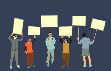 Protestocu grup vektör illüstrasyonu izole edildi. Adam el ele tutuşma işareti. Boş pankart levhası. Boş protesto bayrağı. Politik kışkırtma kampanyası. Krize karşı sosyal işçi hakları gösterisi