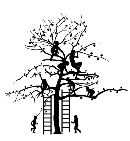 Niños Subiendo Jugando Árbol Con Escalera Patio Trasero Ilustración Silueta — Vector de stock