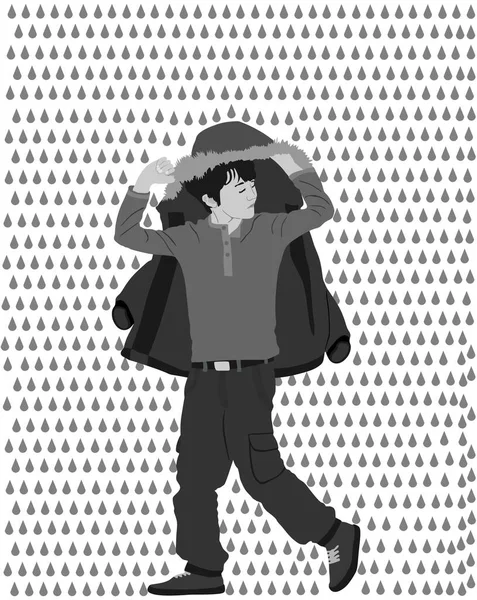 Deszcz Dzień Chłopiec Pokrywa Płaszczem Ochrony Deszcz Wektor Ilustracji Dziecko — Wektor stockowy