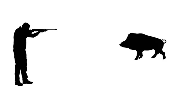 산탄총을 사냥꾼 바탕에 멧돼지의 실루엣 그림을 있습니다 취미로 사냥하는 사냥꾼은 — 스톡 벡터