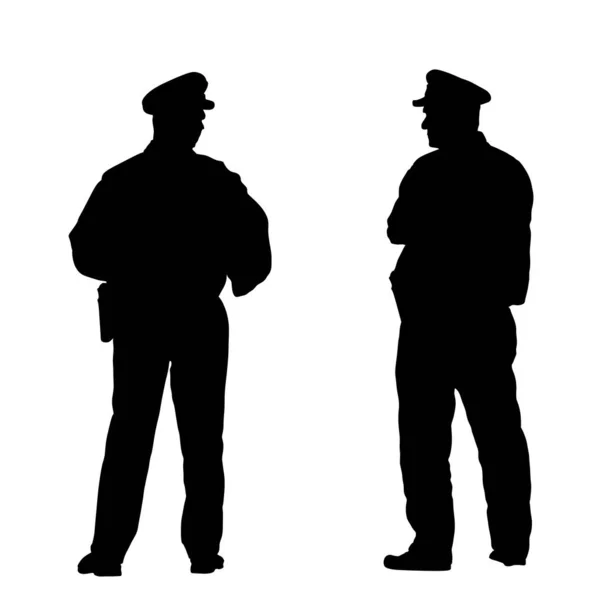 值勤矢量轮廓上的警察单位被隔离在白色上 穿制服的警察安全部门保护人民 法律和秩序街巡警夫妇 男人观察人群 — 图库矢量图片