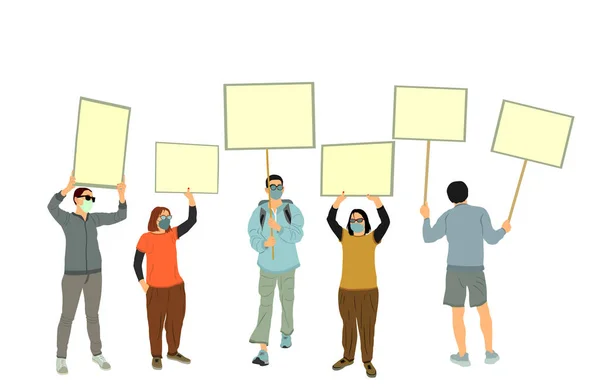 Groupe Personnes Protestataires Illustration Vectorielle Isolé Homme Tenant Main Signe — Image vectorielle
