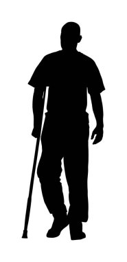 Beyaz arka planda izole edilmiş çubuk vektör silueti çizimi ile yürüyen genç sakat adam. Koltuk değnekli yaralı biri. Araba kazasından sonra rehabilitasyon gören engelli çocuk..