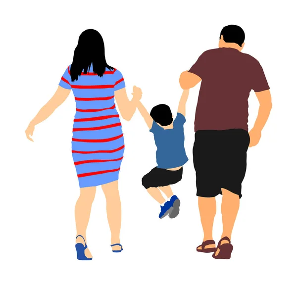 Familia Feliz Disfrutando Ilustración Vectorial Caminando Madre Padre Tomados Mano — Vector de stock