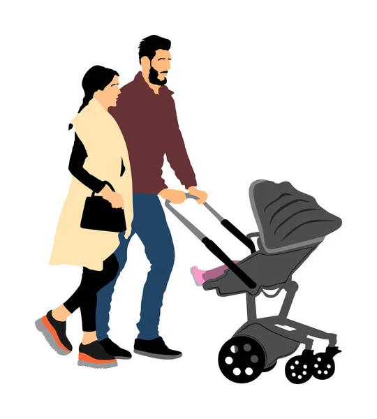 Glückliche Familieneltern Die Mit Baby Kinderwagen Freien Spazieren Gehen Isoliert — Stockvektor
