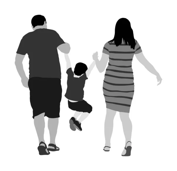 Joyeux Famille Appréciant Dans Illustration Vectorielle Marche Mère Père Tenant — Image vectorielle