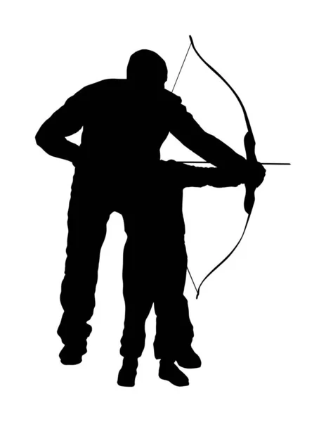 在白色背景上孤立的箭头矢量轮廓图 猎人在打猎 爸爸教儿子拿弓箭 父亲的日子 和男孩在一起 唤醒了狩猎的本能 育儿家庭 — 图库矢量图片