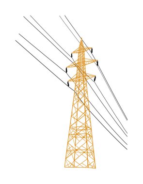 Yüksek voltajlı elektrik hattı elektrik iletim kulesi vektör silueti görüntüsü beyaza izole edildi. Elektrik tüketimi üretimi, dağıtım. Kablolu elektrik kulesi direği. 5 G net.