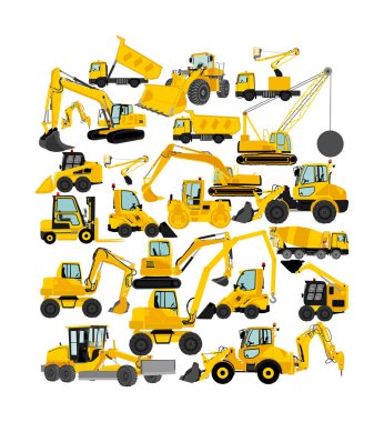 Buldozer seti, tekerlek yükleyici vektör çizimi beyaza izole edildi. Tozlu kazıcı kazıcı dozer. İnşaat halinde. İnşaat makinesi çağrı cihazı. Motor greyderi, forklift kargo. Yol silindiri, asfalt kaldırıcı