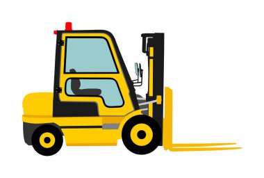 Forklift vektör çizimi, ağır yükleyici. Kargo depodan kamyona. Depolama malzemeleri rafları, mallarla dolu paletler. Nakliye ve ulaşım konsepti. İnşaat alanı için yük kamyonu aracı.