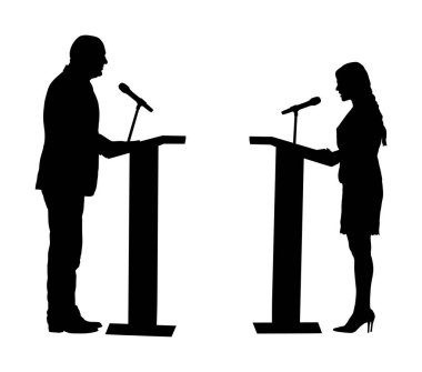 Hoparlör podyum vektör siluetinde duruyor. Siyasetçi kadın açılış töreni. İş adamı halkla konuşuyor. Mikrofondan konuşuyorum. Seçim kampanyası rakibi düellosu.