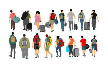 Valizli yolcular valizli havaalanı taşıyıcı illüstrasyon gezginine doğru yürüyorlar. Erkek ve kadın yük taşır. Aile fertleri tatil için bekleyen kargo yükünü doldurdu. Sınır mültecileri.