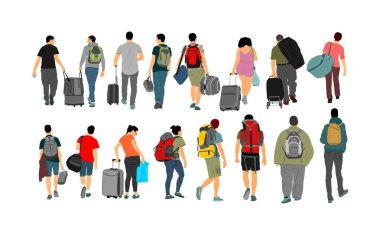 Valizli yolcular valizli havaalanı taşıyıcı illüstrasyon gezginine doğru yürüyorlar. Erkek ve kadın yük taşır. Aile fertleri tatil için bekleyen kargo yükünü doldurdu. Sınır mültecileri.