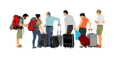 Valizli yolcular valizli havaalanı taşıyıcı illüstrasyon gezginine doğru yürüyorlar. Erkek ve kadın yük taşır. Aile fertleri tatil için bekleyen kargo yükünü doldurdu. Sınır mültecileri.