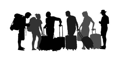 Havaalanı vektör siluetinde bavulu olan yolcular. Gezgin ve çantalar bavulu hazırlıyor. Erkek kadın bavul taşır. Aile fertleri tatil için bekleyen kargo yükünü doldurdu. Sınır mültecileri.