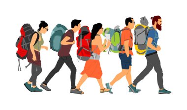 Valizli yolcular valizli havaalanı taşıyıcı illüstrasyon gezginine doğru yürüyorlar. Erkek ve kadın yük taşır. Aile fertleri tatil için bekleyen kargo yükünü doldurdu. Sınır mültecileri.