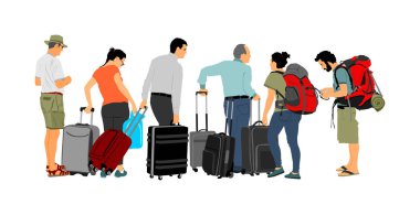 Valizli yolcular valizli havaalanı taşıyıcı illüstrasyon gezginine doğru yürüyorlar. Erkek ve kadın yük taşır. Aile fertleri tatil için bekleyen kargo yükünü doldurdu. Sınır mültecileri.