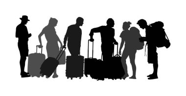 Havaalanı vektör siluetinde bavulu olan yolcular. Gezgin ve çantalar bavulu hazırlıyor. Erkek kadın bavul taşır. Aile fertleri tatil için bekleyen kargo yükünü doldurdu. Sınır mültecileri.