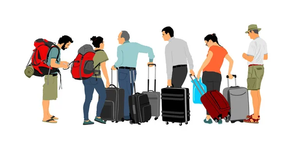 stock vector Passengers with luggage walking at airport vector illustrationTraveler with bags rolling suitcase. Man and woman carry baggage. Family people crowd cargo load waiting taxi to holiday.Border refugees