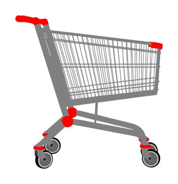 Boş alışveriş arabası vektörü beyaz arkaplanda izole edilmiş. Metal market tramvayı. Kötü ekonominin sembolü, ev bütçesi. Yiyecek ve diğer mallar için ulaşım ekipmanları. Malzeme tedariği.