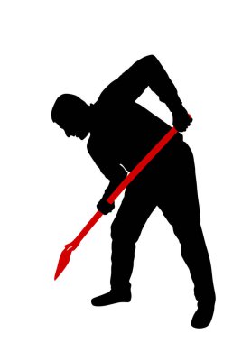 Kürekli bir adam bahçe vektör silüetinde çalışıyor. Kürekli inşaat işçisi. Bahçıvan toprağı kazıyor. Kürekli bir çiftçi. Kazıcı, aletle madencilik yapıyor. El işi endüstrisi.