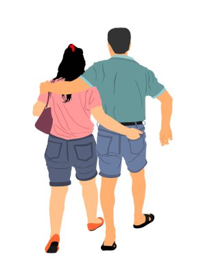 Sarılan mutlu çift, beyaz arka planda izole edilmiş yürüyen vektör çizimi. Erkek arkadaşın sevgilisine sarılıyor. Kadın ve erkek, parkta yakınlık ve şefkat. Turist yankesiciliği.