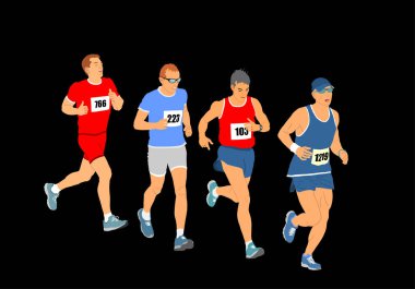 Irk vektör illüstrasyonunda koşan bir grup maraton yarışçısı siyah arka planda izole edildi. Hızlı koşucu yarışması. Spor adam aktivitesi. Sporcu çocuk yarışa başlıyor. Kaslı erkek. Şehir sokağı.