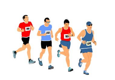 Beyaz arka planda ırk vektör çizimi üzerinde koşan bir grup maraton yarışçısı izole edildi. Hızlı koşucu yarışması. Spor adam aktivitesi. Sporcu çocuk yarışa başlıyor. Kaslı erkek. Şehir sokağı.