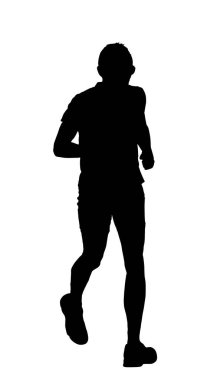 Hızlı koşucu vektör silueti çizimi beyaz arkaplanda izole edildi. Maraton yarışçısı siluet koşuyor. Spor adamı aktivite şekli. Yarışın patlayıcı başlangıcındaki atlet çocuk. Kaslı erkek odağı.