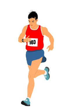 Hızlı koşucu vektör çizimi beyaz arkaplanda izole edildi. Yarışta koşan maraton yarışçısı. Spor adam aktivitesi. Sporcu çocuk yarışa başlıyor. Kaslı erkek odağı.